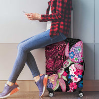 Hawaiian Couple Turtles Honi Luggage Cover Polynesian Art Motifs and Hibiscus Black Red Color - Polynesian Pride