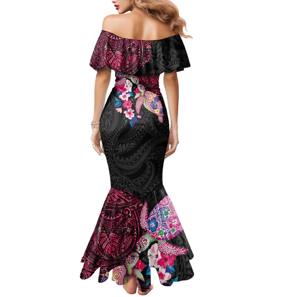 Hawaiian Couple Turtles Honi Mermaid Dress Polynesian Art Motifs and Hibiscus Black Red Color - Polynesian Pride