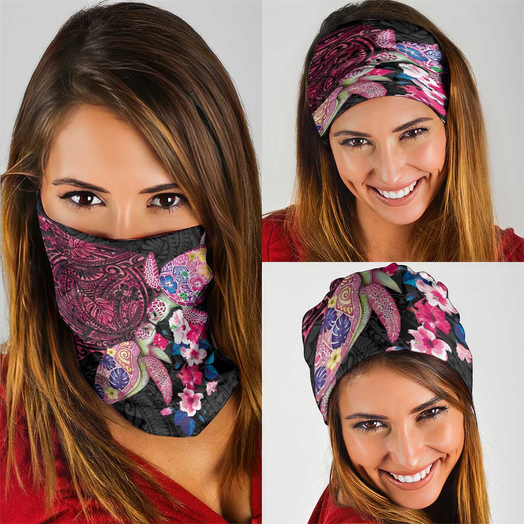Hawaiian Couple Turtles Honi Neck Gaiter Polynesian Art Motifs and Hibiscus Black Red Color - Polynesian Pride