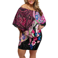 Hawaiian Couple Turtles Honi Off Shoulder Short Dress Polynesian Art Motifs and Hibiscus Black Red Color - Polynesian Pride