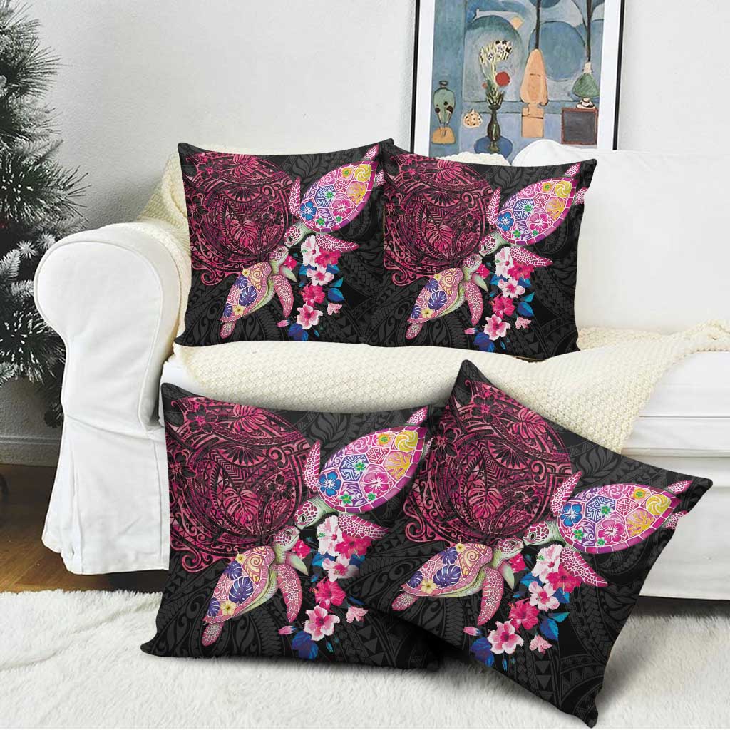 Hawaiian Couple Turtles Honi Pillow Cover Polynesian Art Motifs and Hibiscus Black Red Color - Polynesian Pride