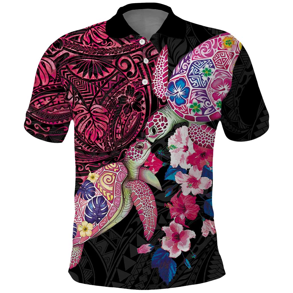 Hawaiian Couple Turtles Honi Polo Shirt Polynesian Art Motifs and Hibiscus Black Red Color - Polynesian Pride