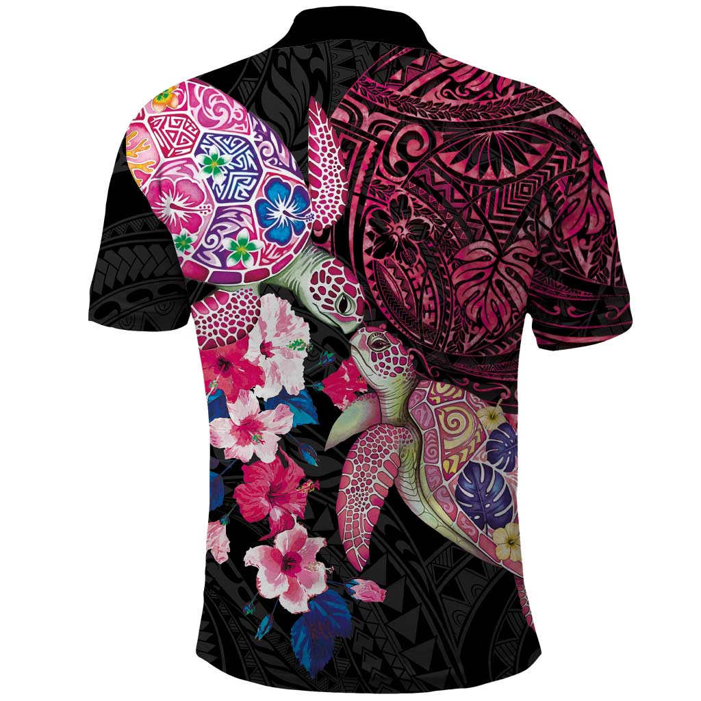 Hawaiian Couple Turtles Honi Polo Shirt Polynesian Art Motifs and Hibiscus Black Red Color - Polynesian Pride