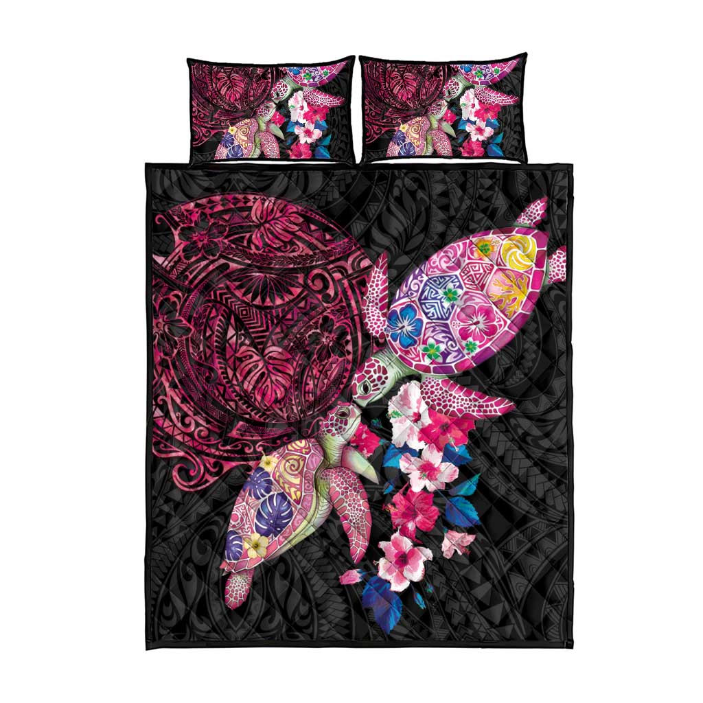 Hawaiian Couple Turtles Honi Quilt Bed Set Polynesian Art Motifs and Hibiscus Black Red Color - Polynesian Pride