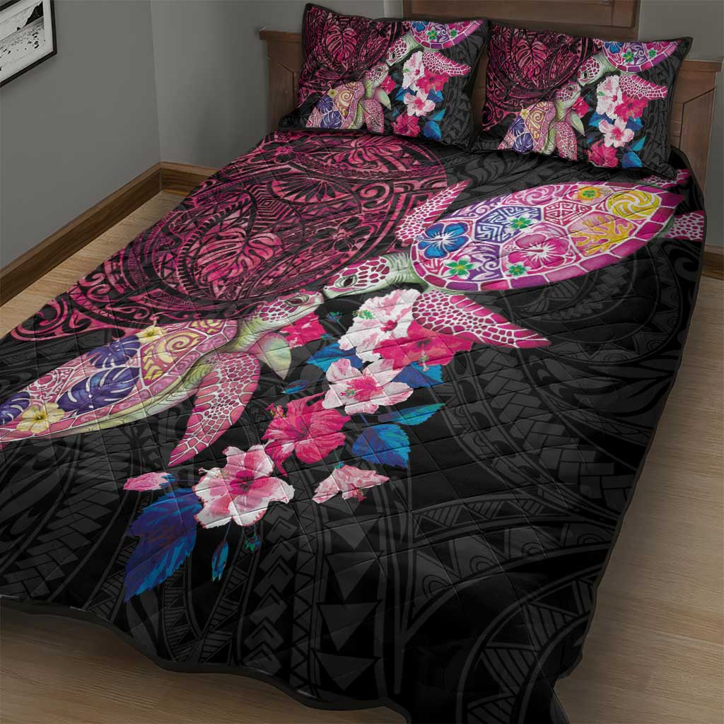 Hawaiian Couple Turtles Honi Quilt Bed Set Polynesian Art Motifs and Hibiscus Black Red Color - Polynesian Pride
