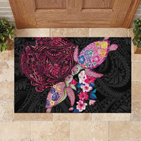 Hawaiian Couple Turtles Honi Rubber Doormat Polynesian Art Motifs and Hibiscus Black Red Color - Polynesian Pride