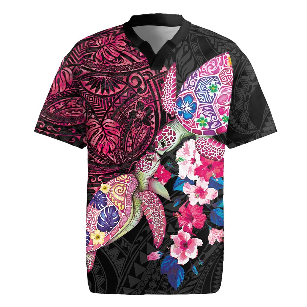 Hawaiian Couple Turtles Honi Rugby Jersey Polynesian Art Motifs and Hibiscus Black Red Color - Polynesian Pride