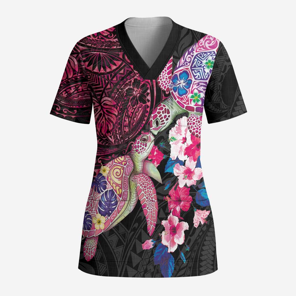 Hawaiian Couple Turtles Honi Scrub Top Polynesian Art Motifs and Hibiscus Black Red Color - Polynesian Pride