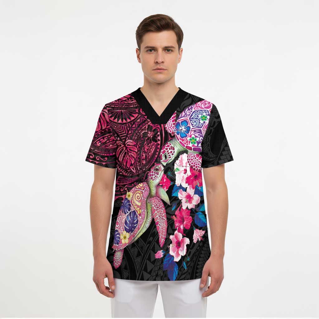 Hawaiian Couple Turtles Honi Scrub Top Polynesian Art Motifs and Hibiscus Black Red Color LT03 - Polynesian Pride