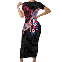 Hawaiian Couple Turtles Honi Short Sleeve Bodycon Dress Polynesian Art Motifs and Hibiscus Black Red Color - Polynesian Pride