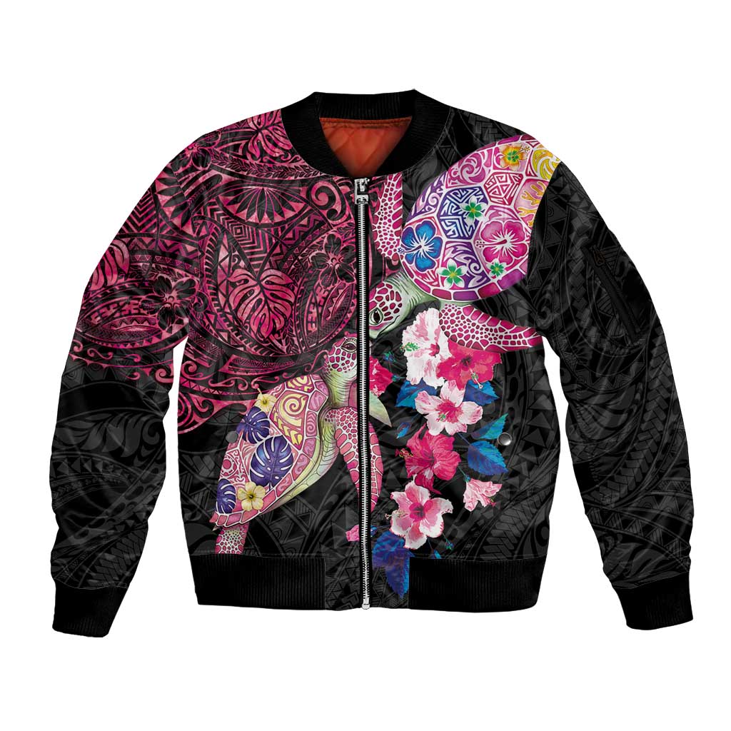 Hawaiian Couple Turtles Honi Sleeve Zip Bomber Jacket Polynesian Art Motifs and Hibiscus Black Red Color - Polynesian Pride