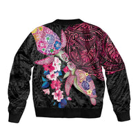 Hawaiian Couple Turtles Honi Sleeve Zip Bomber Jacket Polynesian Art Motifs and Hibiscus Black Red Color - Polynesian Pride