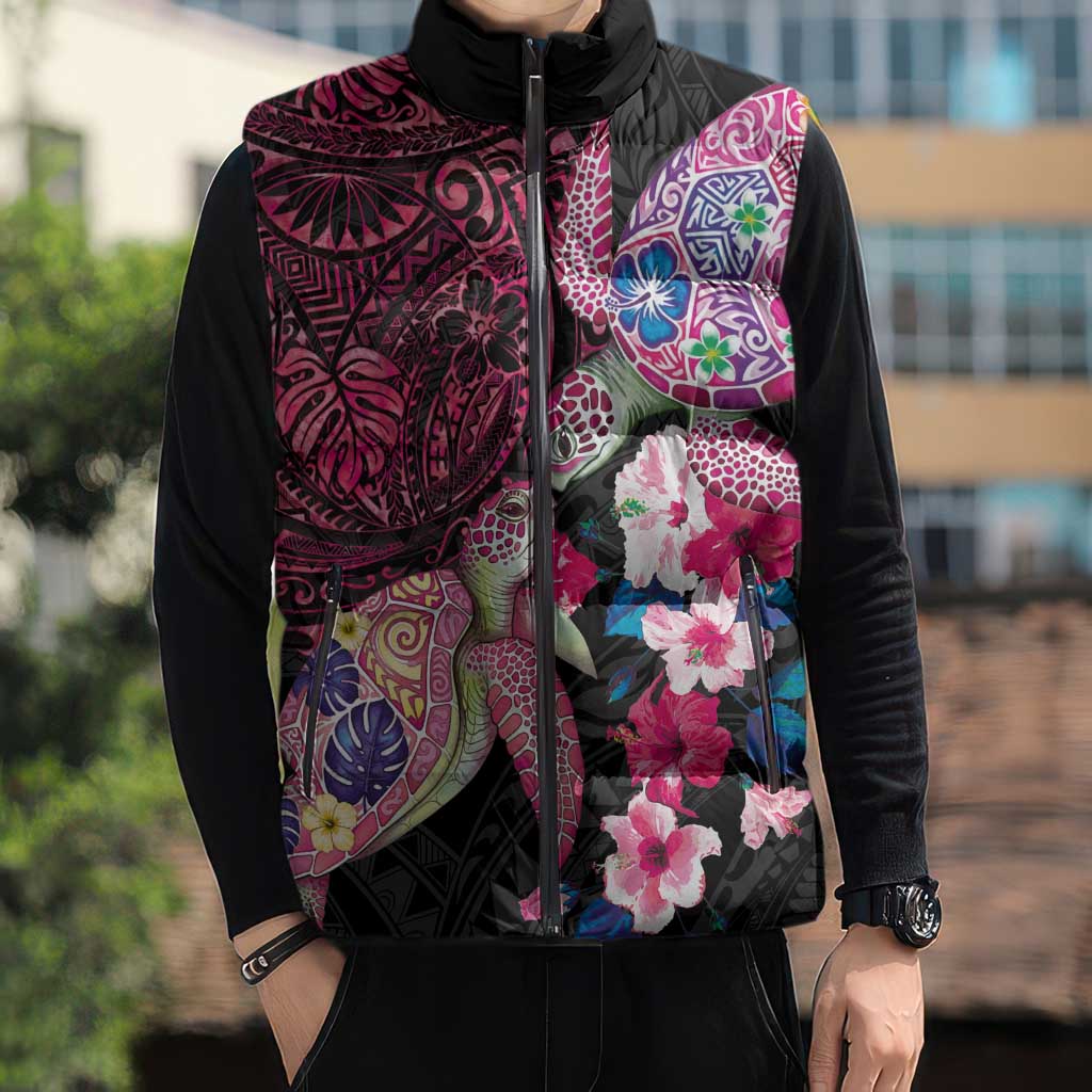 Hawaiian Couple Turtles Honi Sleeveless Puffer Jacket Polynesian Art Motifs and Hibiscus Black Red Color LT03 - Polynesian Pride