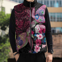 Hawaiian Couple Turtles Honi Sleeveless Puffer Jacket Polynesian Art Motifs and Hibiscus Black Red Color LT03 - Polynesian Pride