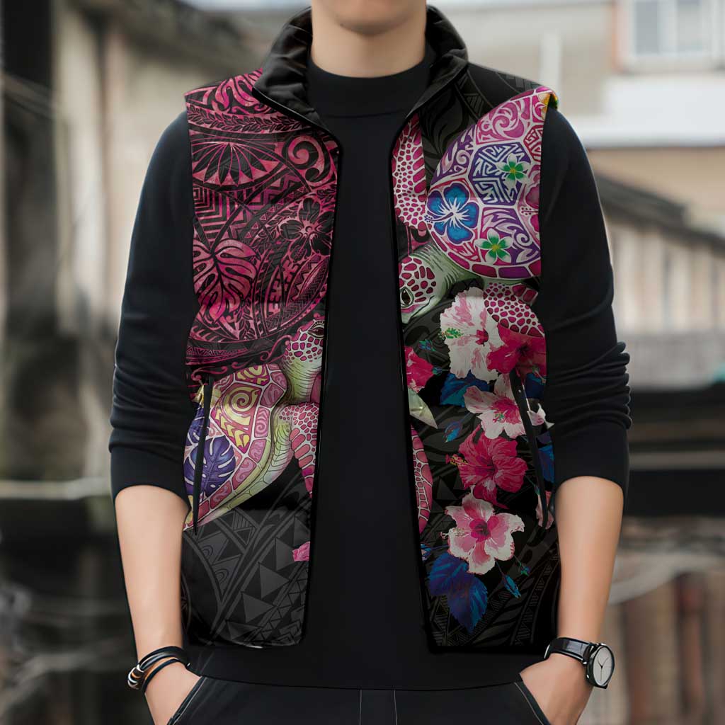 Hawaiian Couple Turtles Honi Sleeveless Puffer Jacket Polynesian Art Motifs and Hibiscus Black Red Color LT03 - Polynesian Pride
