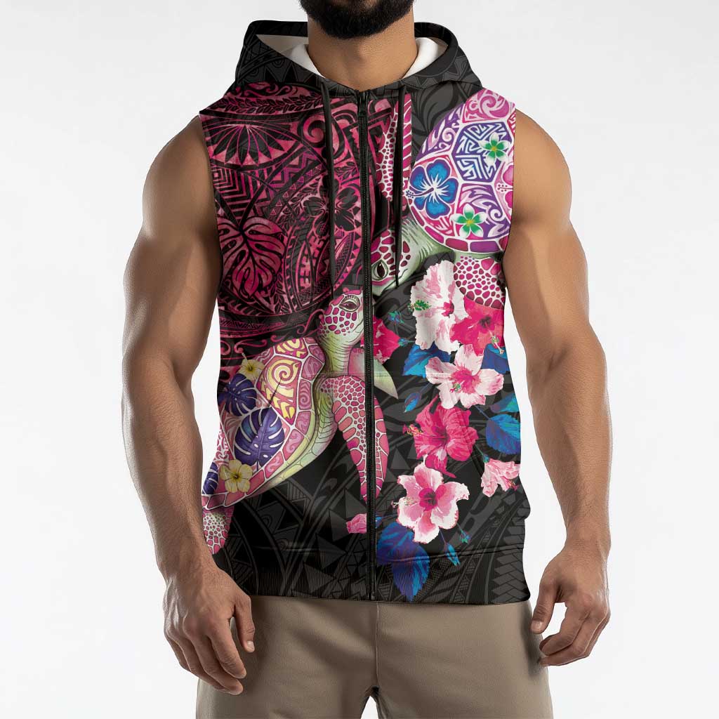Hawaiian Couple Turtles Honi Sleeveless Zip Hoodie Polynesian Art Motifs and Hibiscus Black Red Color - Polynesian Pride