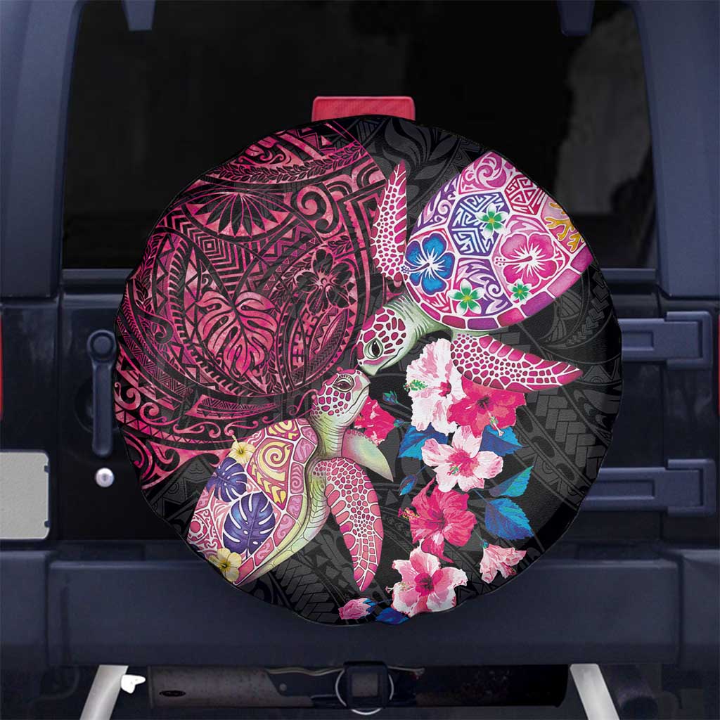 Hawaiian Couple Turtles Honi Spare Tire Cover Polynesian Art Motifs and Hibiscus Black Red Color - Polynesian Pride