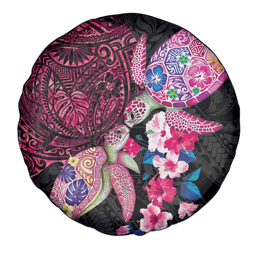 Hawaiian Couple Turtles Honi Spare Tire Cover Polynesian Art Motifs and Hibiscus Black Red Color - Polynesian Pride