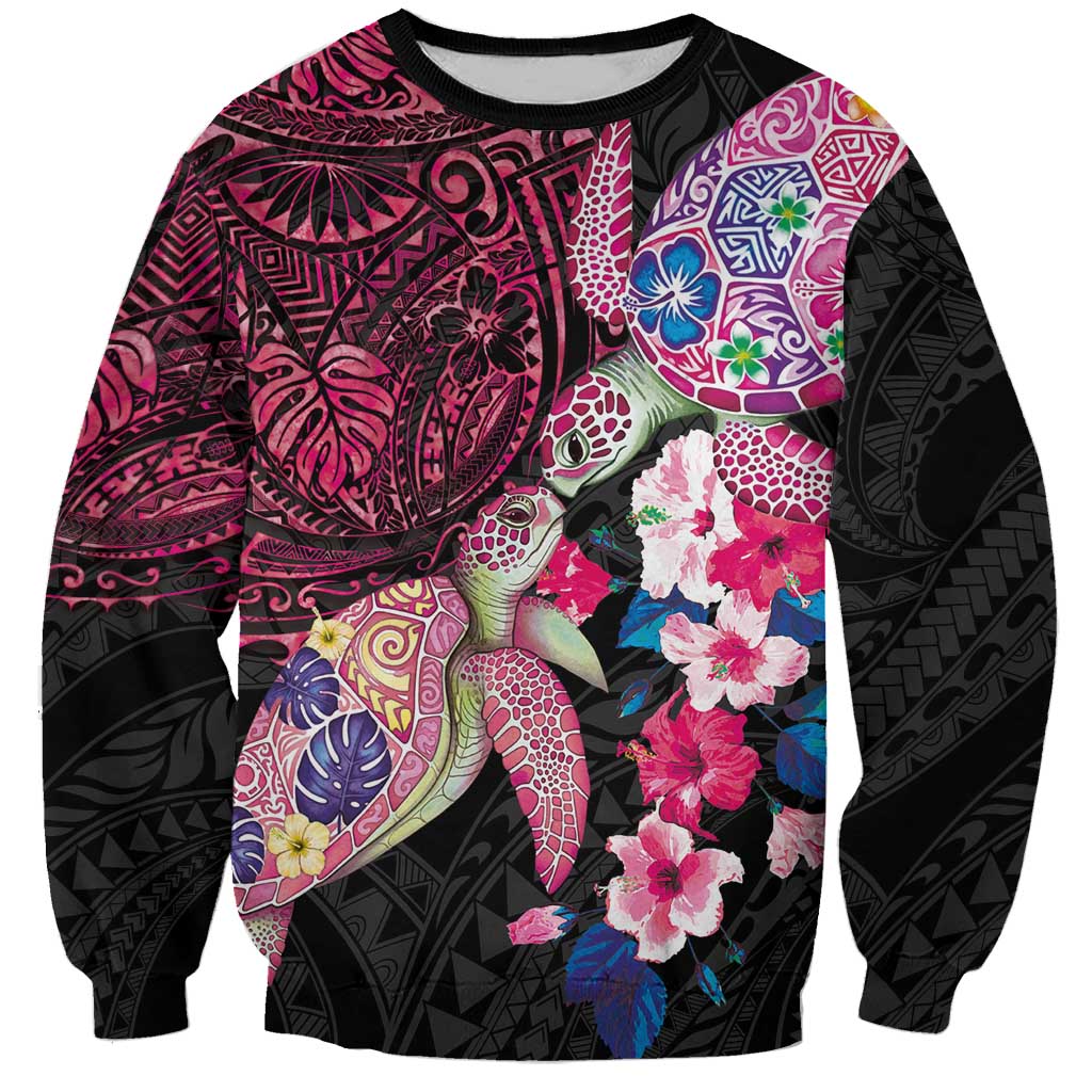 Hawaiian Couple Turtles Honi Sweatshirt Polynesian Art Motifs and Hibiscus Black Red Color - Polynesian Pride