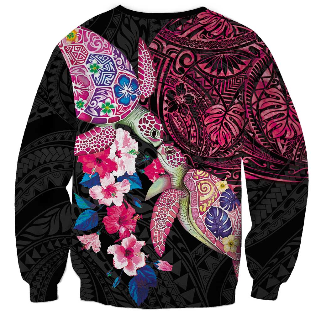 Hawaiian Couple Turtles Honi Sweatshirt Polynesian Art Motifs and Hibiscus Black Red Color - Polynesian Pride