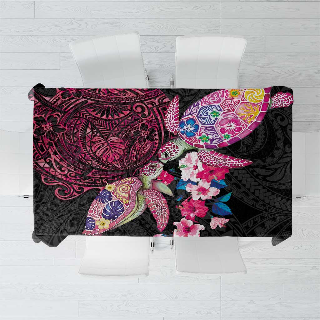 Hawaiian Couple Turtles Honi Tablecloth Polynesian Art Motifs and Hibiscus Black Red Color - Polynesian Pride