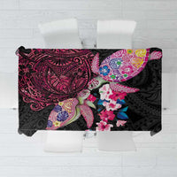 Hawaiian Couple Turtles Honi Tablecloth Polynesian Art Motifs and Hibiscus Black Red Color - Polynesian Pride