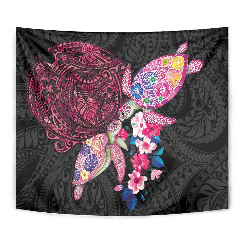 Hawaiian Couple Turtles Honi Tapestry Polynesian Art Motifs and Hibiscus Black Red Color - Polynesian Pride