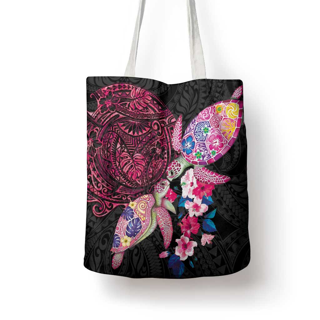 Hawaiian Couple Turtles Honi Tote Bag Polynesian Art Motifs and Hibiscus Black Red Color - Polynesian Pride