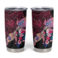 Hawaiian Couple Turtles Honi Tumbler Cup Polynesian Art Motifs and Hibiscus Black Red Color - Polynesian Pride