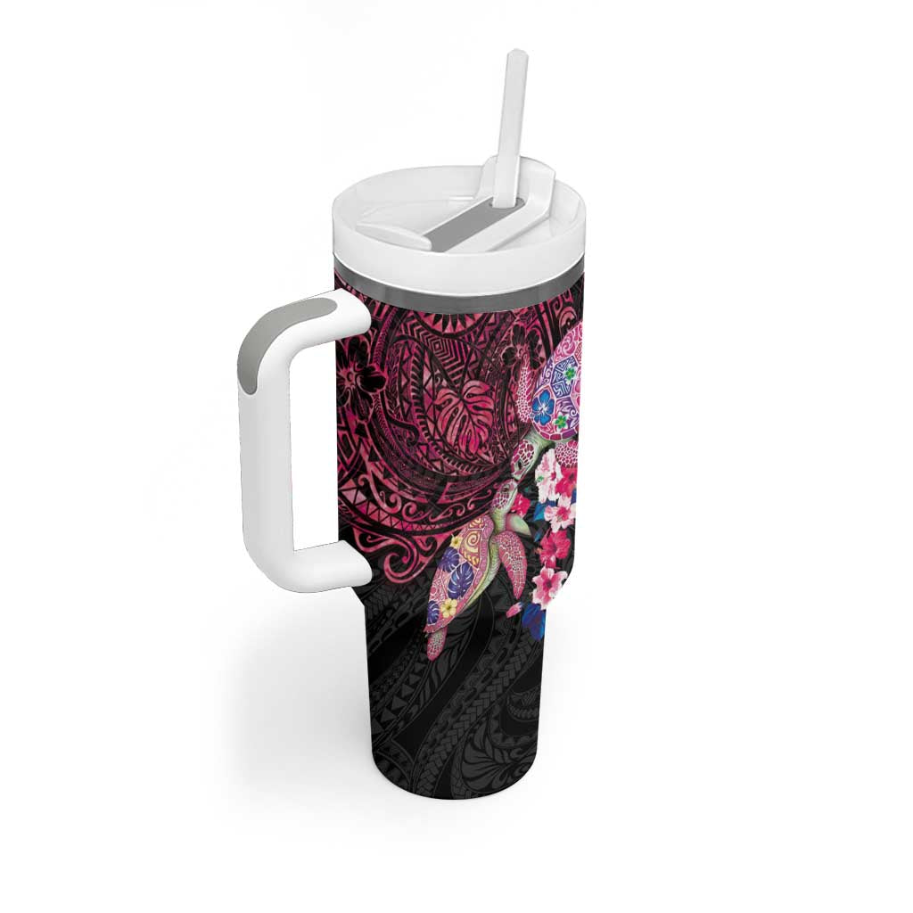 Hawaiian Couple Turtles Honi Tumbler With Handle Polynesian Art Motifs and Hibiscus Black Red Color - Polynesian Pride