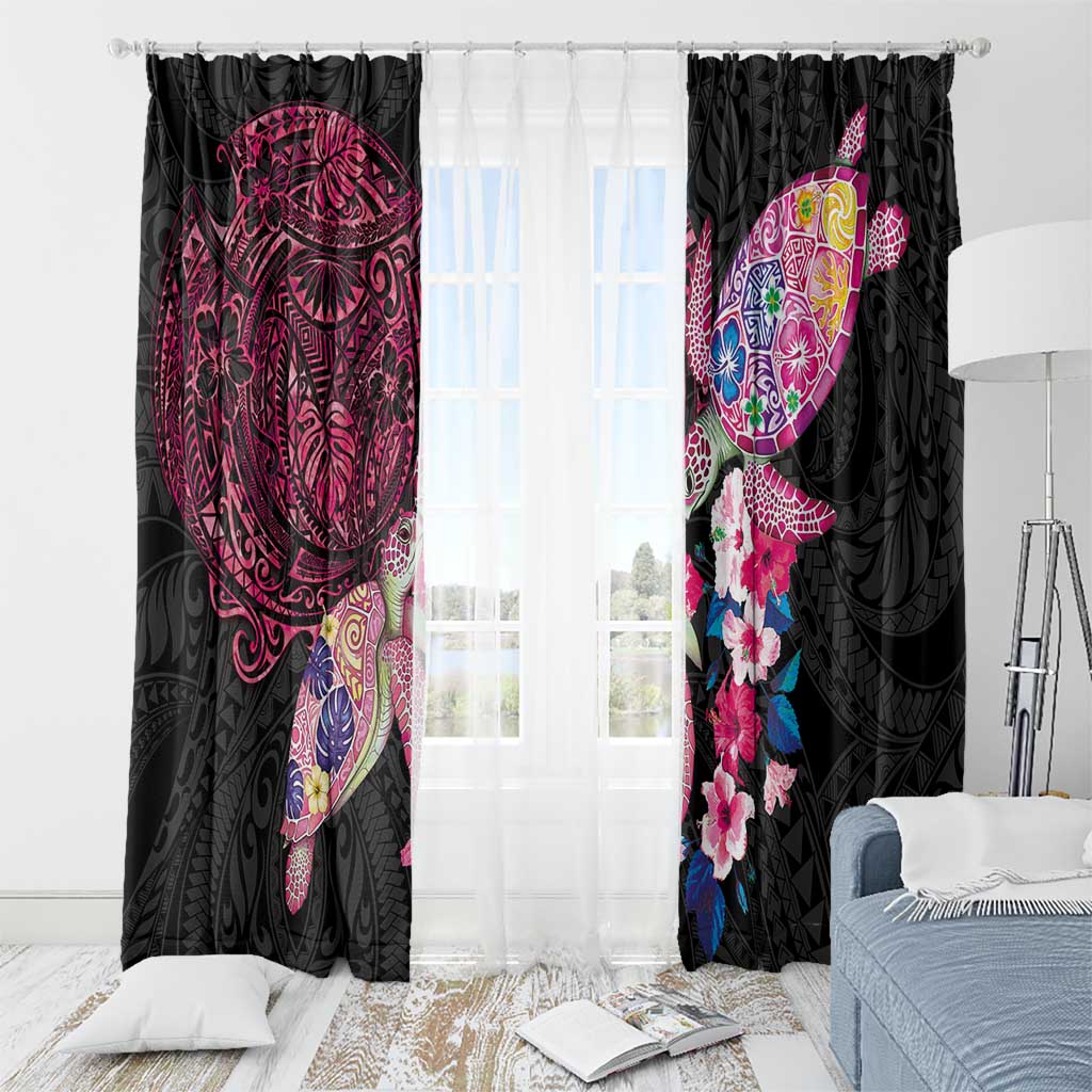 Hawaiian Couple Turtles Honi Window Curtain Polynesian Art Motifs and Hibiscus Black Red Color - Polynesian Pride