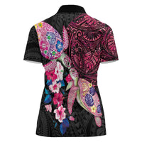 Hawaiian Couple Turtles Honi Women Polo Shirt Polynesian Art Motifs and Hibiscus Black Red Color - Polynesian Pride