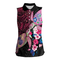 Hawaiian Couple Turtles Honi Women Sleeveless Polo Shirt Polynesian Art Motifs and Hibiscus Black Red Color - Polynesian Pride