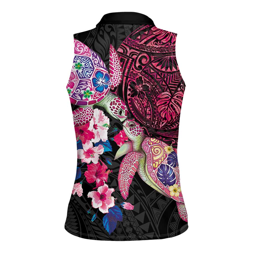 Hawaiian Couple Turtles Honi Women Sleeveless Polo Shirt Polynesian Art Motifs and Hibiscus Black Red Color - Polynesian Pride