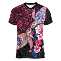 Hawaiian Couple Turtles Honi Women V-Neck T-Shirt Polynesian Art Motifs and Hibiscus Black Red Color - Polynesian Pride