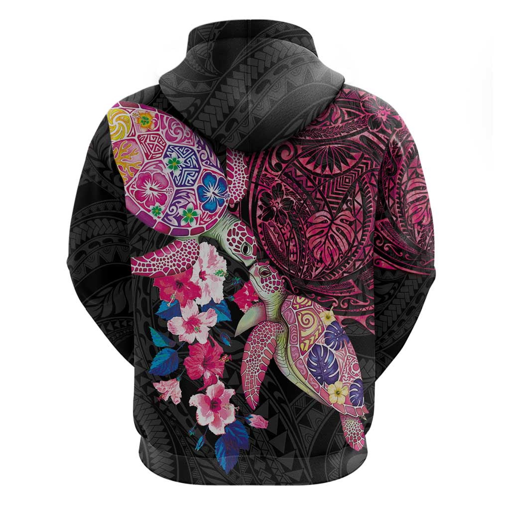 Hawaiian Couple Turtles Honi Zip Hoodie Polynesian Art Motifs and Hibiscus Black Red Color - Polynesian Pride