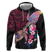 Hawaiian Couple Turtles Honi Zip Hoodie Polynesian Art Motifs and Hibiscus Black Red Color - Polynesian Pride