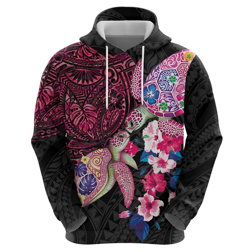 Hawaiian Couple Turtles Honi Zip Hoodie Polynesian Art Motifs and Hibiscus Black Red Color - Polynesian Pride