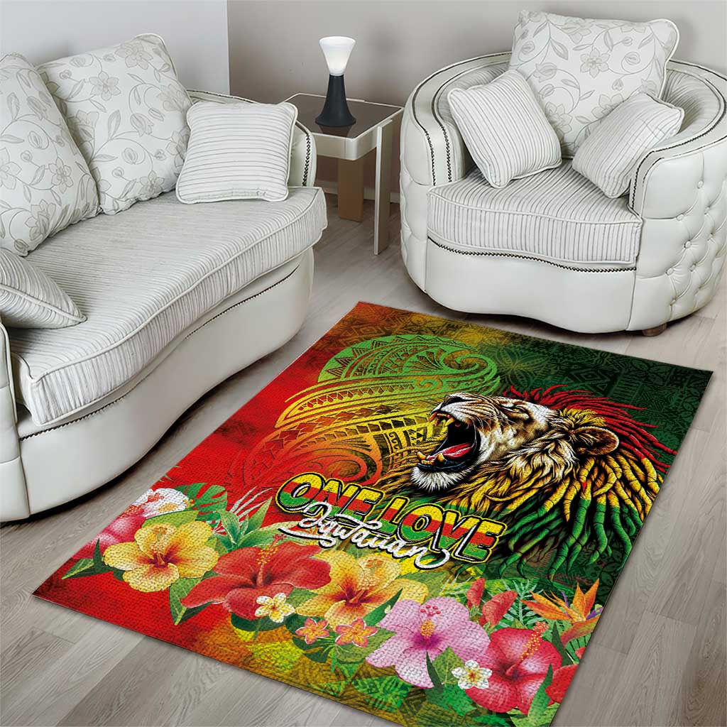 Hawaiian Reggae Area Rug Jawaiian One Love-Tribal Tatoos and Rastafari Lion - Polynesian Pride