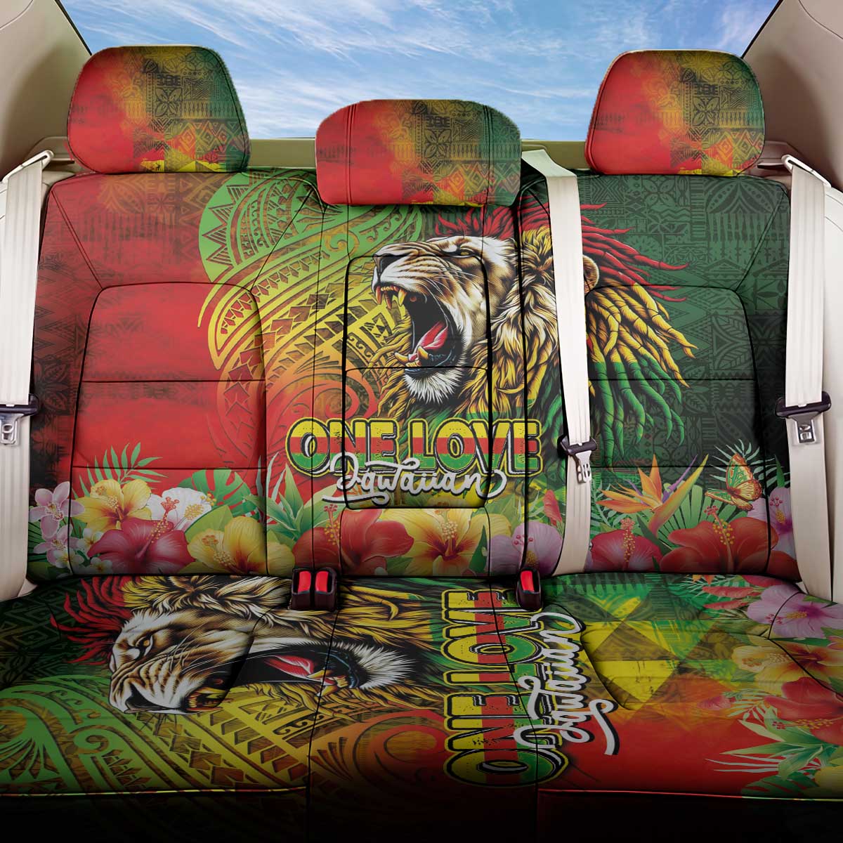 Hawaiian Reggae Back Car Seat Cover Jawaiian One Love-Tribal Tatoos and Rastafari Lion - Polynesian Pride