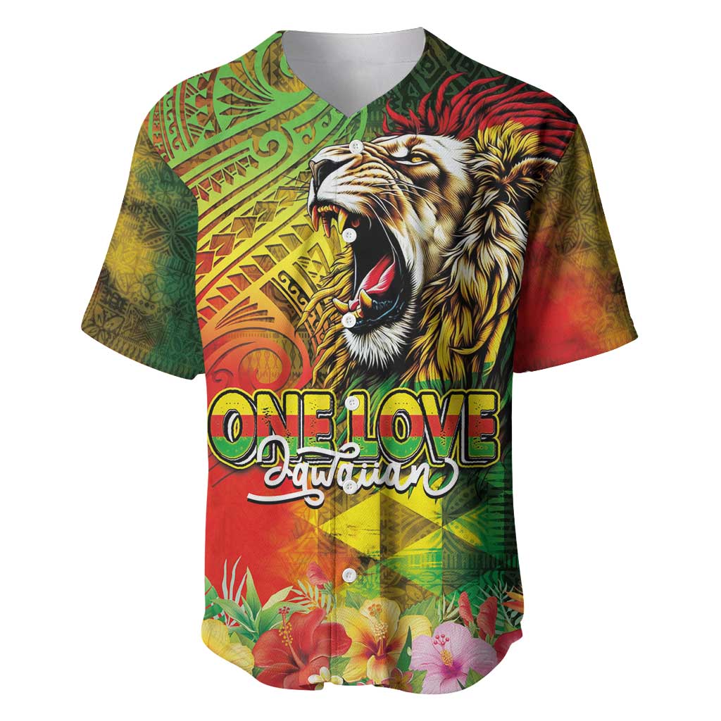 Hawaiian Reggae Baseball Jersey Jawaiian One Love-Tribal Tatoos and Rastafari Lion - Polynesian Pride