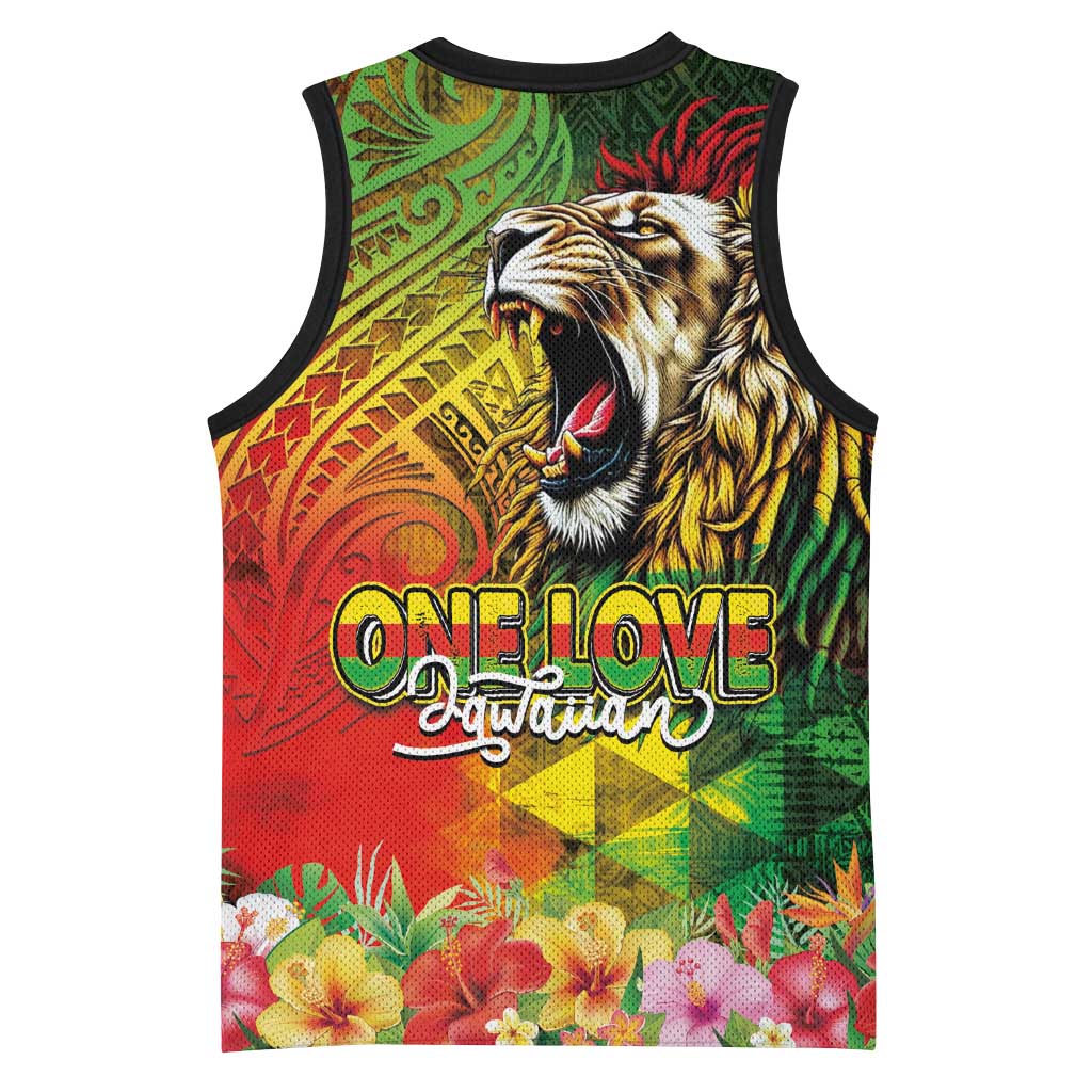 Hawaiian Reggae Basketball Jersey Jawaiian One Love-Tribal Tatoos and Rastafari Lion - Polynesian Pride
