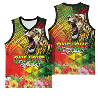Hawaiian Reggae Basketball Jersey Jawaiian One Love-Tribal Tatoos and Rastafari Lion - Polynesian Pride