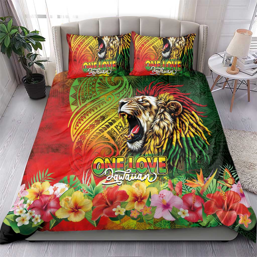 Hawaiian Reggae Bedding Set Jawaiian One Love-Tribal Tatoos and Rastafari Lion - Polynesian Pride
