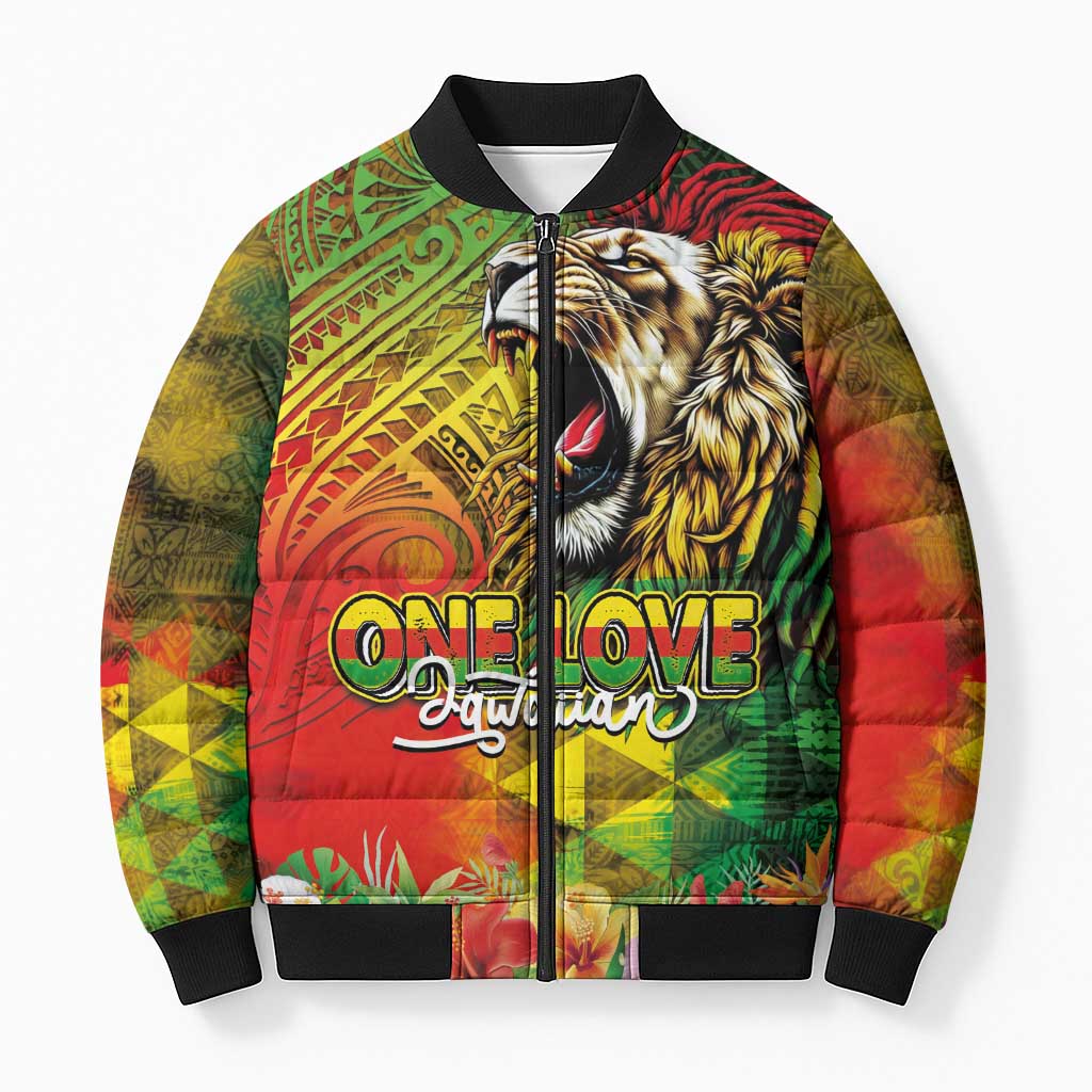 Hawaiian Reggae Bomber Puffer Jacket Jawaiian One Love-Tribal Tatoos and Rastafari Lion - Polynesian Pride