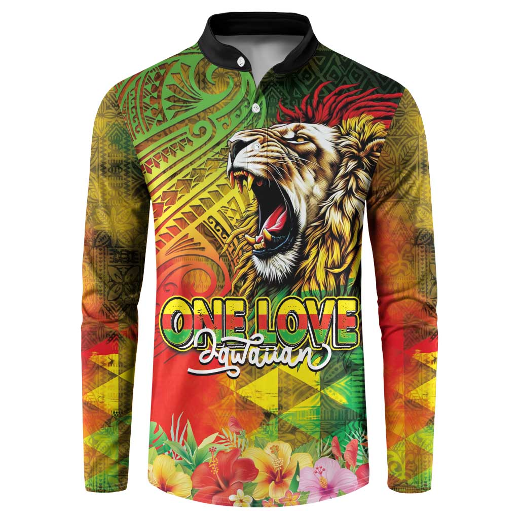 Hawaiian Reggae Button Sweatshirt Jawaiian One Love-Tribal Tatoos and Rastafari Lion - Polynesian Pride