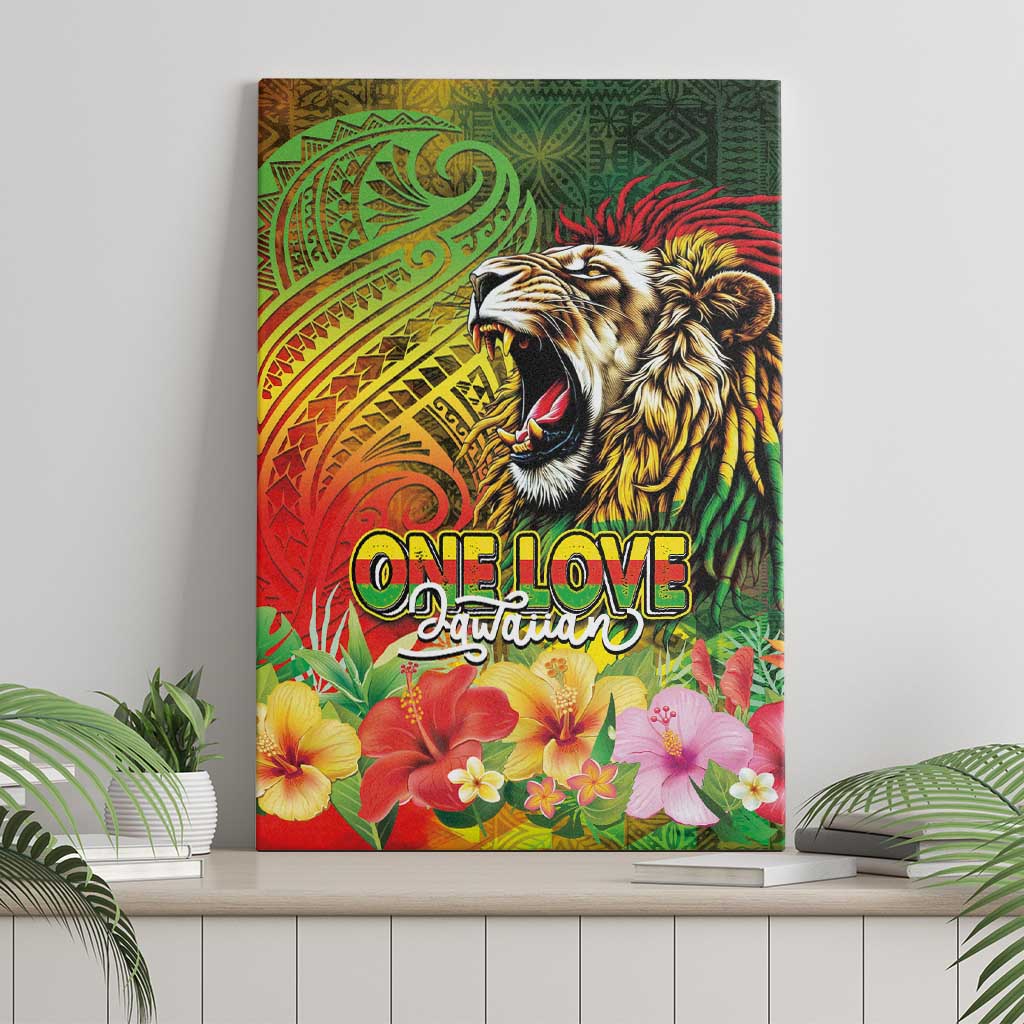 Hawaiian Reggae Canvas Wall Art Jawaiian One Love-Tribal Tatoos and Rastafari Lion - Polynesian Pride