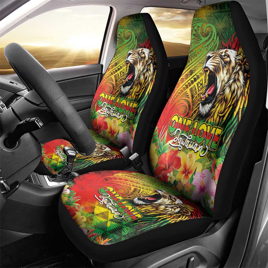 Hawaiian Reggae Car Seat Cover Jawaiian One Love-Tribal Tatoos and Rastafari Lion - Polynesian Pride