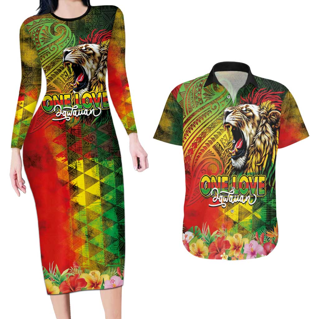 Hawaiian Reggae Couples Matching Long Sleeve Bodycon Dress and Hawaiian Shirt Jawaiian One Love-Tribal Tatoos and Rastafari Lion - Polynesian Pride