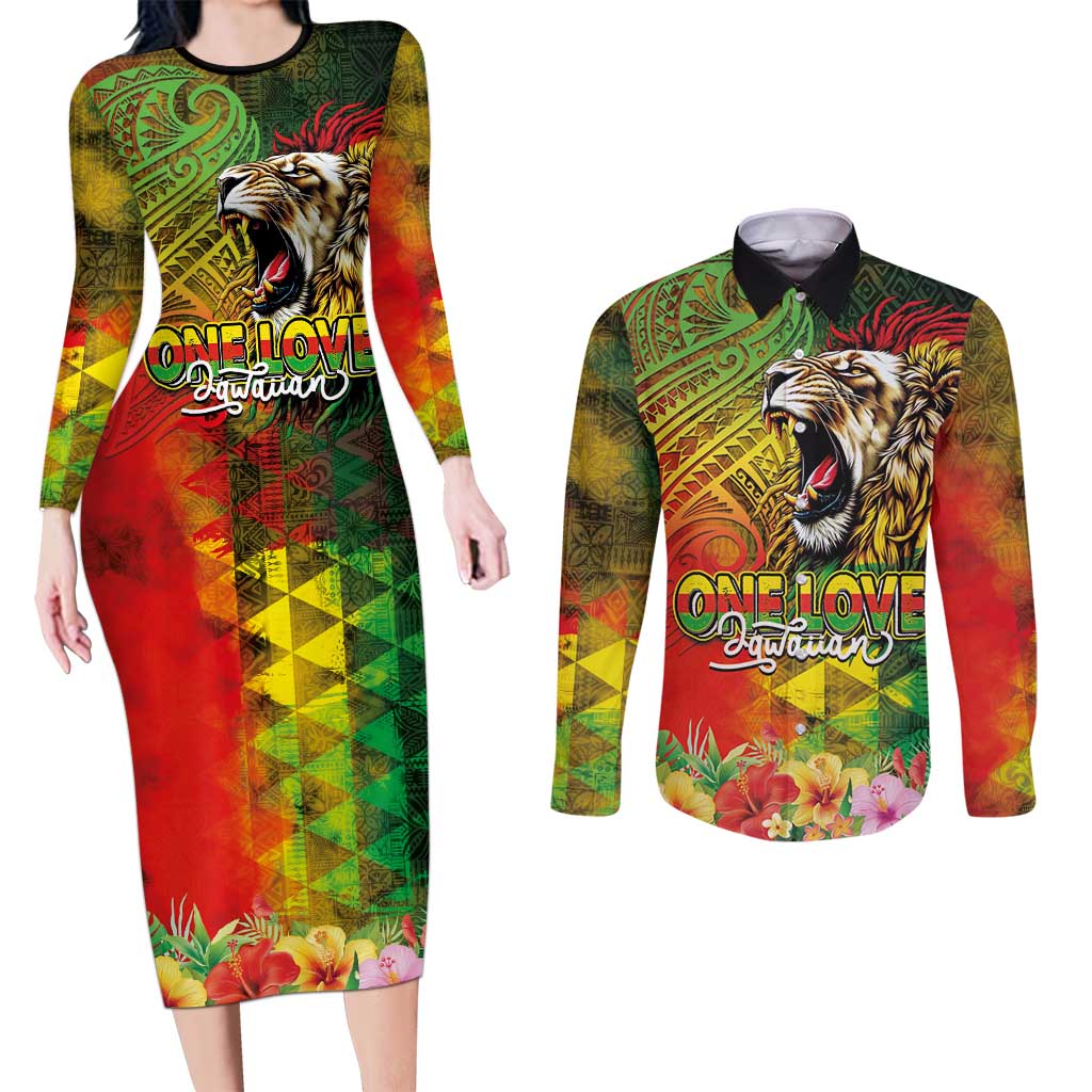 Hawaiian Reggae Couples Matching Long Sleeve Bodycon Dress and Long Sleeve Button Shirt Jawaiian One Love-Tribal Tatoos and Rastafari Lion - Polynesian Pride